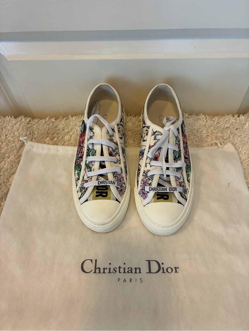 Dior WALKNDIOR Floral Lace-Up Sneakers in White with Multicolor Blooms